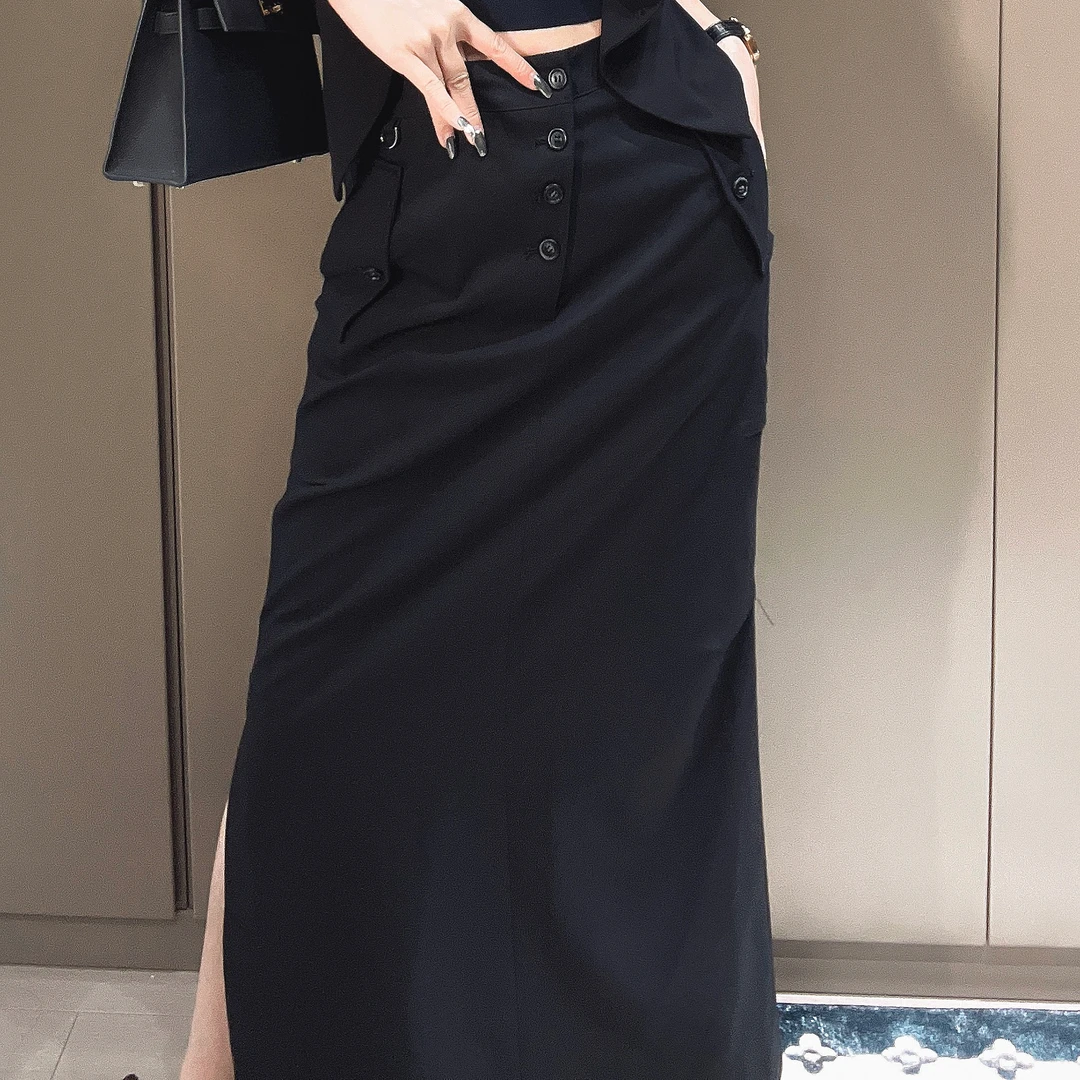 断码清仓-大牌进口修身显瘦黑色高腰长款后开叉半身裙5553