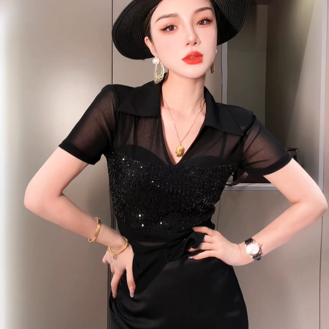 莎火火-原创小众冰丝纱拼接亮片v领女体恤显瘦百搭短袖上衣潮9937