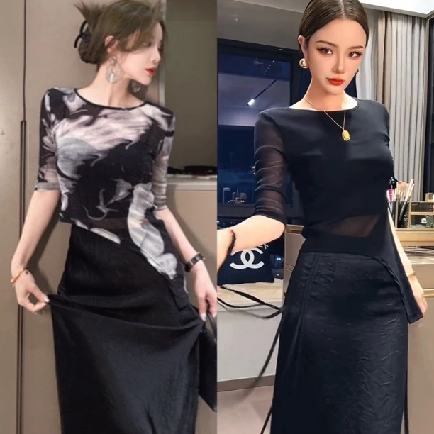 莎火火-黑色网纱上衣修身显瘦不规则水墨画t恤洋气女装上衣女8870