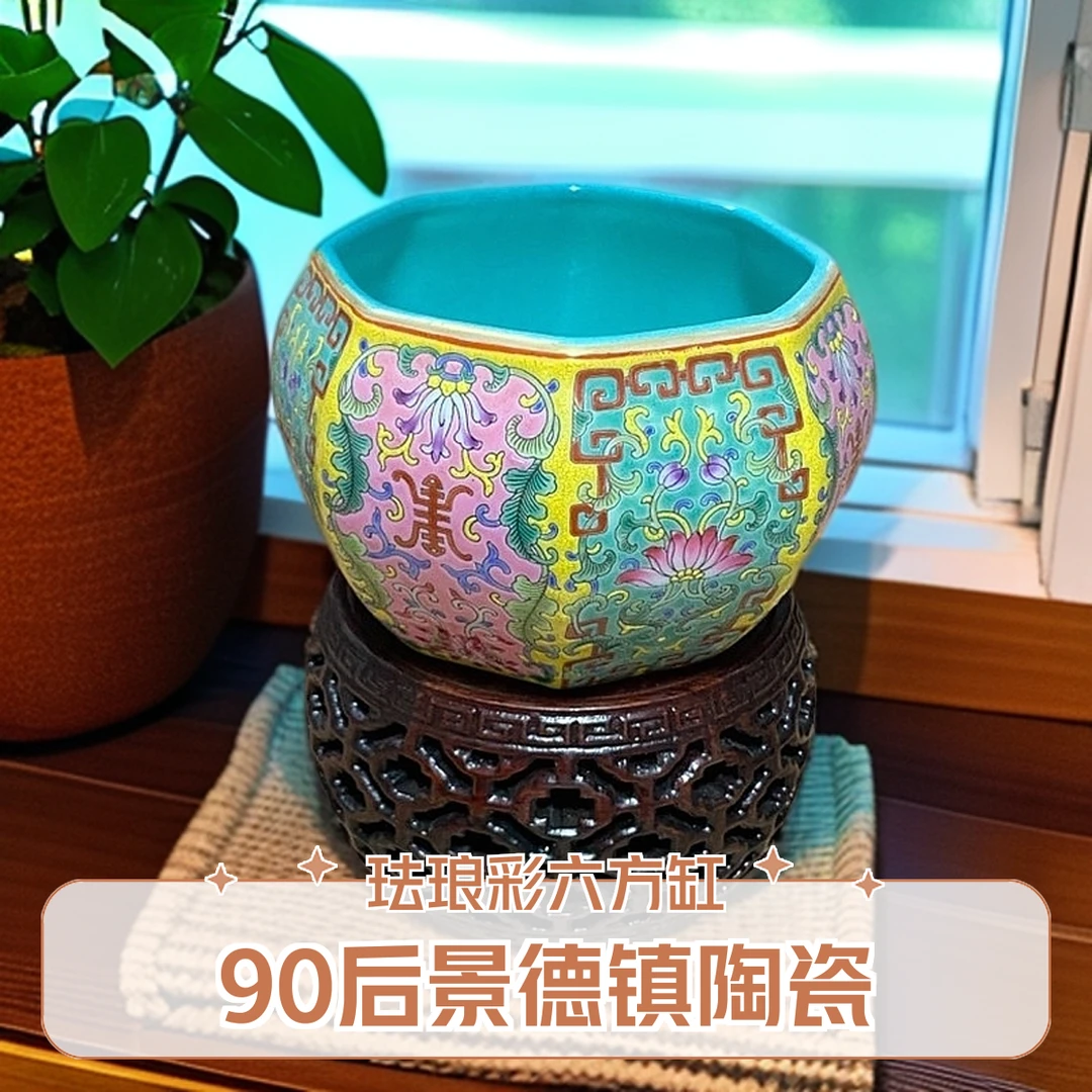 90年代景德镇陶瓷，高仿珐琅彩六方茶则缸