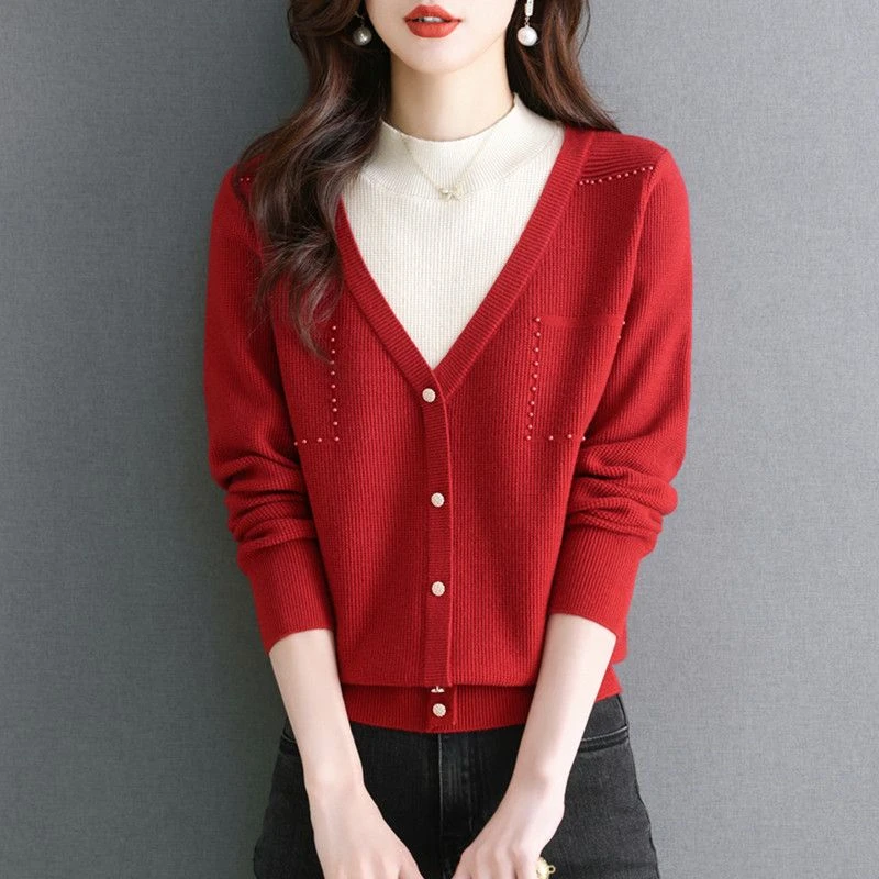 假两件内搭毛衣女秋冬长袖半高领打底衫2023新款时尚洋气红色上衣