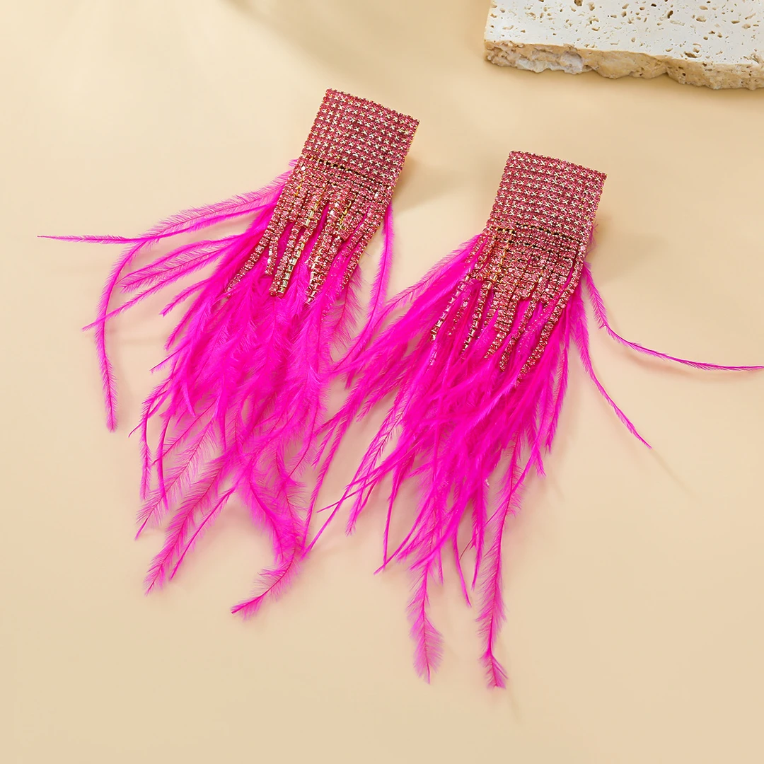 合金羽毛耳饰 超仙长款流苏羽毛长款耳环轻奢黑色镶钻女时尚气质