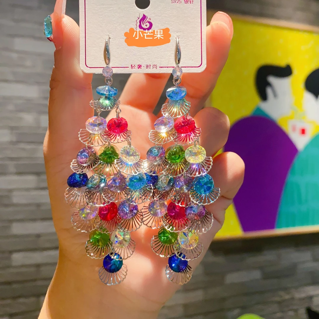 合金仿水晶耳饰 欧美轻奢百搭长款流苏耳饰精美彩色时尚气质耳环