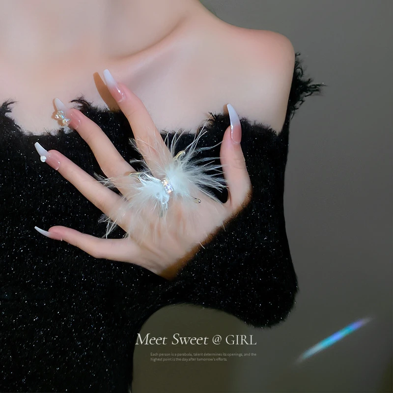 合金羽毛戒指 蝴蝶开口戒指ins小众时尚个性气质感食指欧美戒指