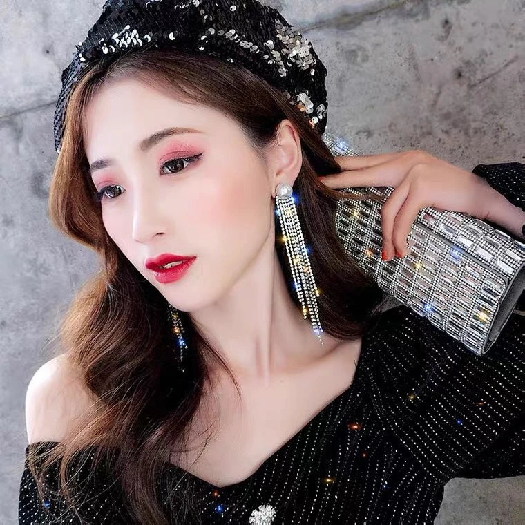 合金仿珍珠耳饰 925银针长款流苏闪钻耳环奢华性感百搭显脸瘦耳饰