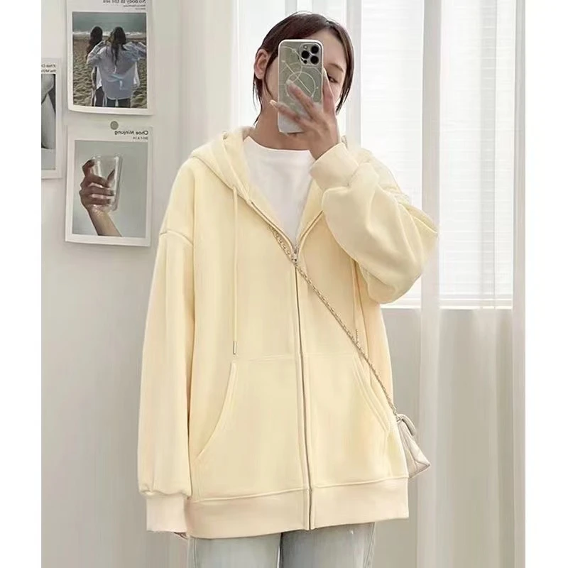 奶黄色卫衣女外套春秋款2024新款连帽上衣宽松韩版开衫运动拉链衫