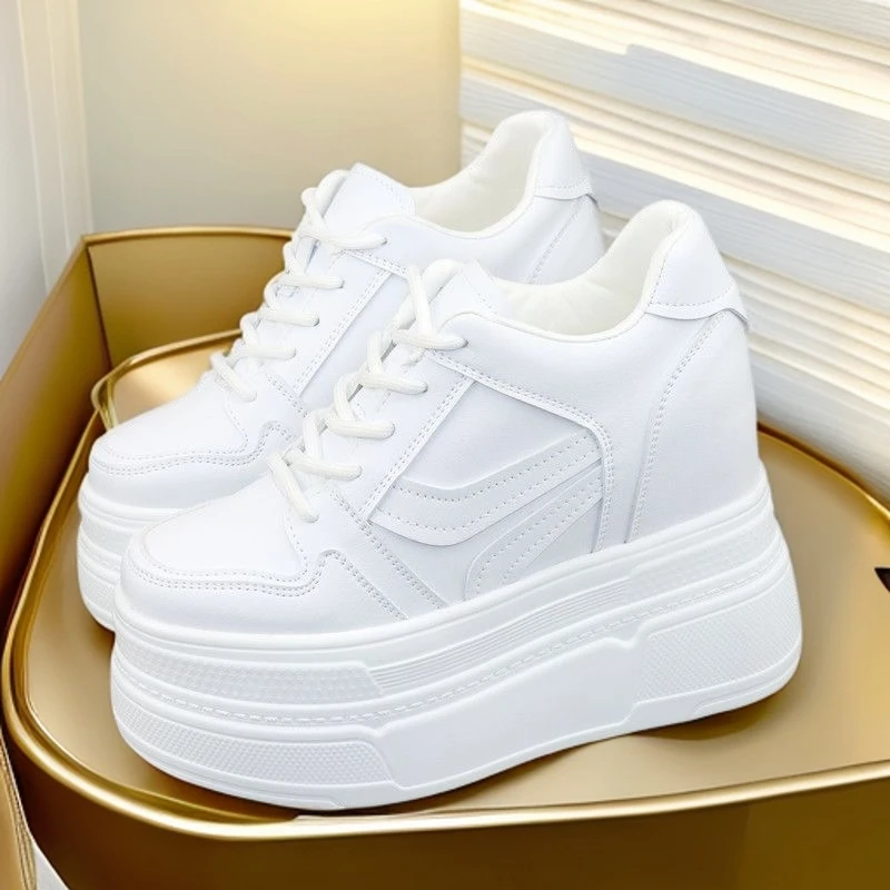 超高跟10、12cm皮面小白鞋女秋冬新款时尚感内增高小个子显瘦单鞋