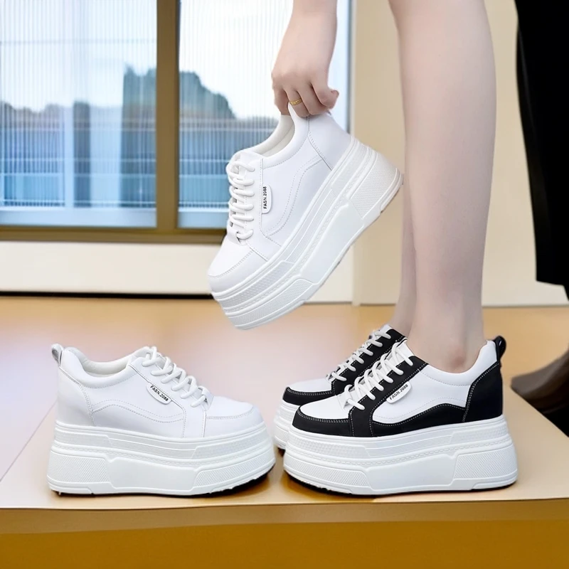 超高跟10、12cm小白鞋女秋冬新款松糕厚底增高显瘦小个子单鞋加绒