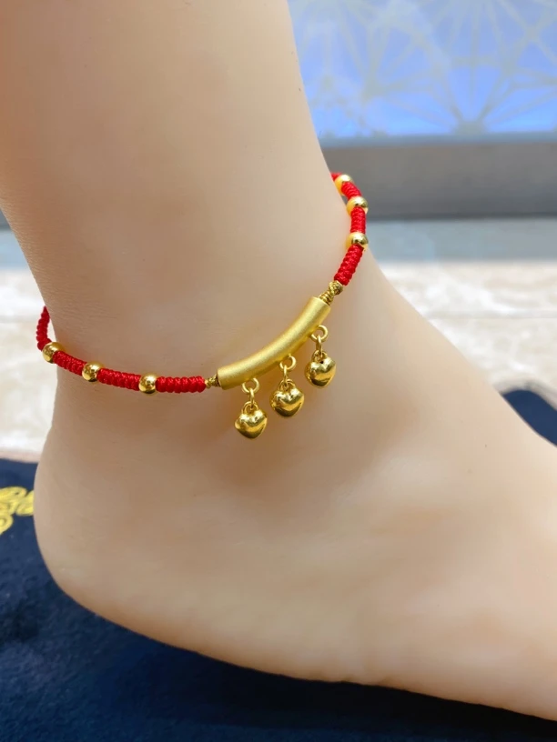 足金999弯管桃心编红绳脚链