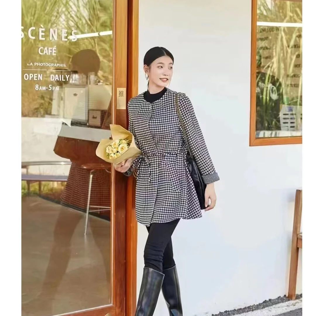 3colour/三彩双面呢毛呢千鸟格子秋冬格纹宽松经典修身中长款外套