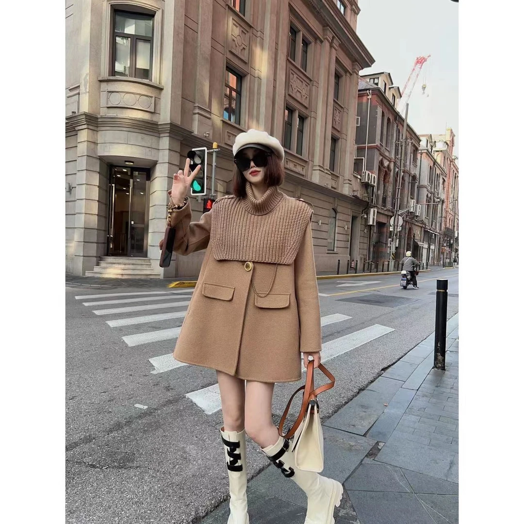 【都市丽影】2024早春新款中长款双面羊毛大衣女洋气韩版毛呢外套女