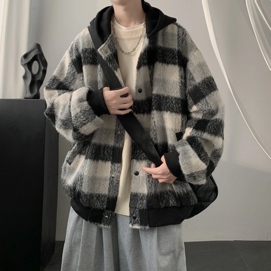 格子毛呢外套男秋冬季新款美式复古连帽夹克潮牌高级感轻熟风衣服