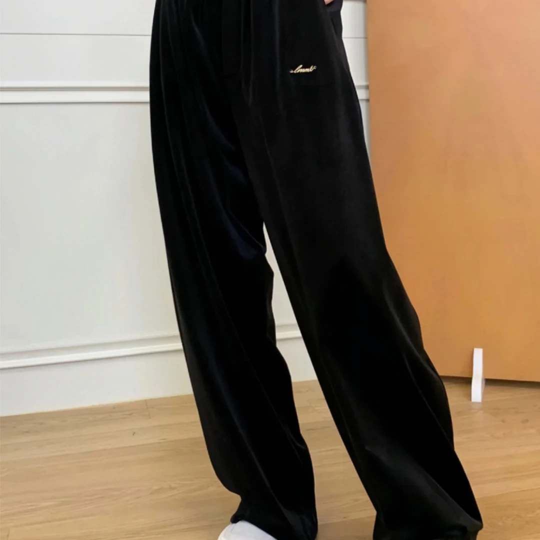 XIHaokan黑色休闲logo装饰直筒丝绒裤