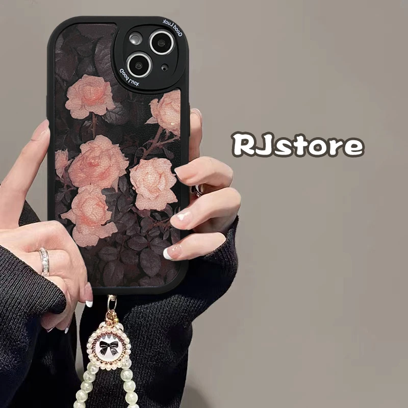 复古ins粉玫瑰苹果13/14promax手机壳iPhone11高级12皮纹xr软xs套