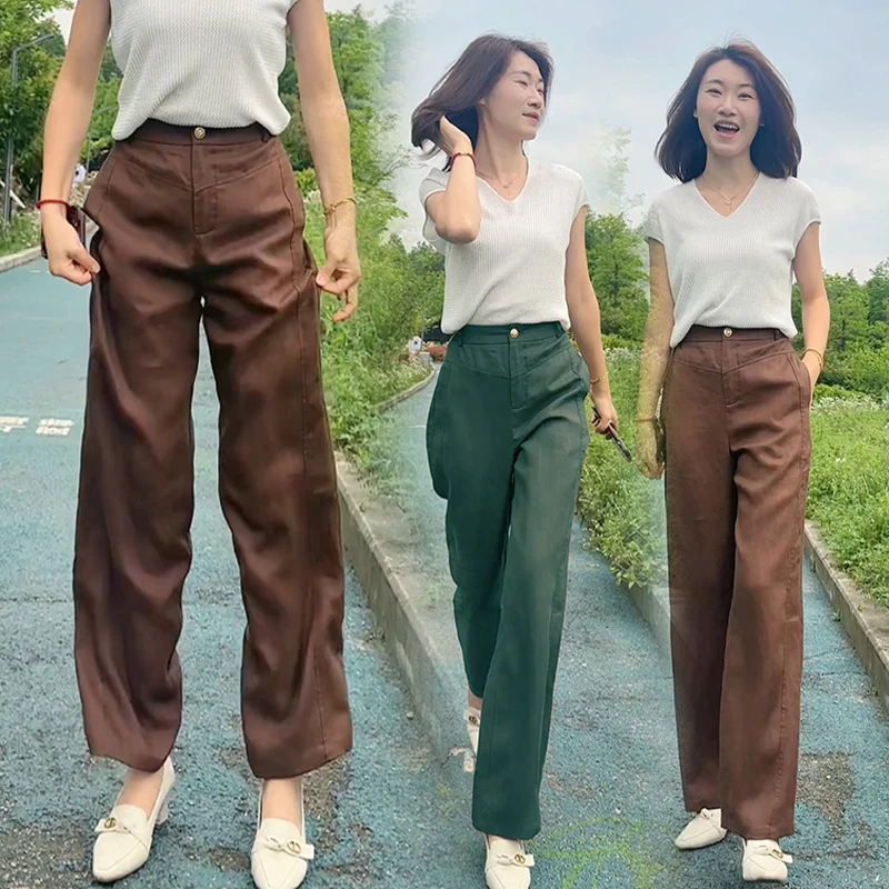 垂感直筒裤天丝亚麻裤瘦版窄版阔腿裤休闲显瘦高腰夏季宽松2024新