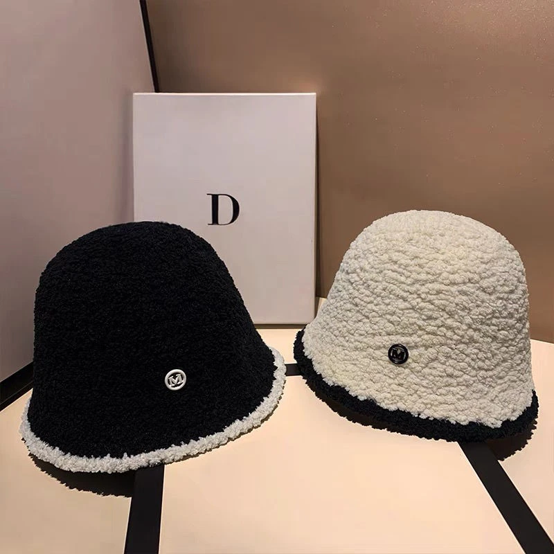 1到10岁小香风拼色毛绒渔夫帽女秋冬季保暖针织女童黑色水桶帽子