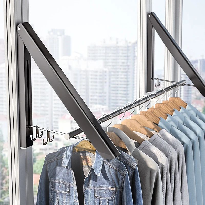 隐形晾衣架折叠伸缩杆壁挂式免打孔阳台室内飘窗户挂衣服晾衣神器