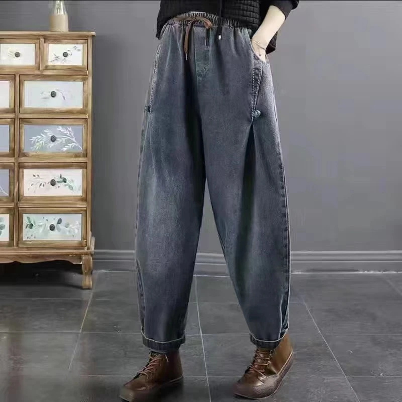 2025春秋季松紧牛仔裤大码显瘦复古百搭水洗休闲宽松长裤老爹裤女