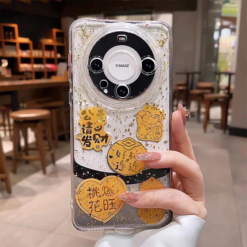 招财猫适用华为mate60pro手机壳新款金箔财神爷手机壳透明高级感