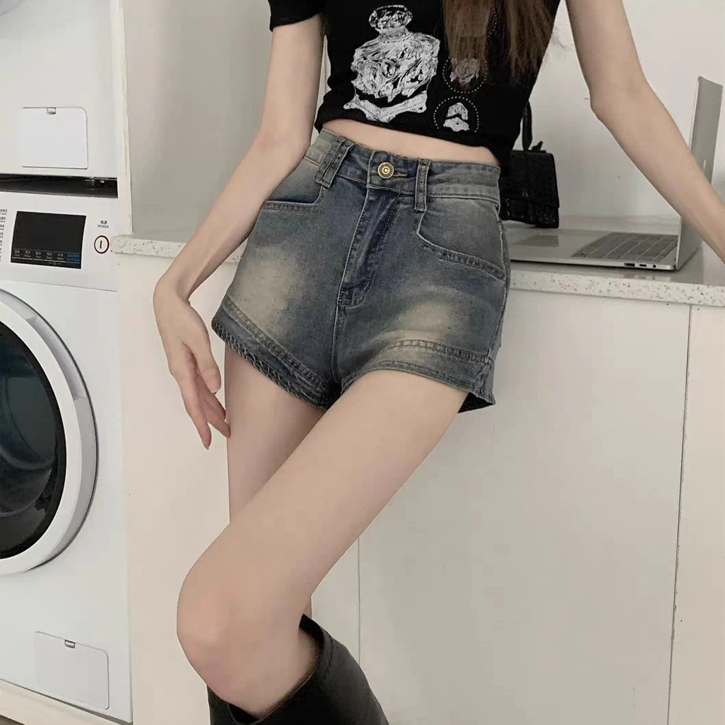 时髦出街B备~辣妹复古热裤牛仔短裤女a字高腰显瘦小个子阔腿裤子