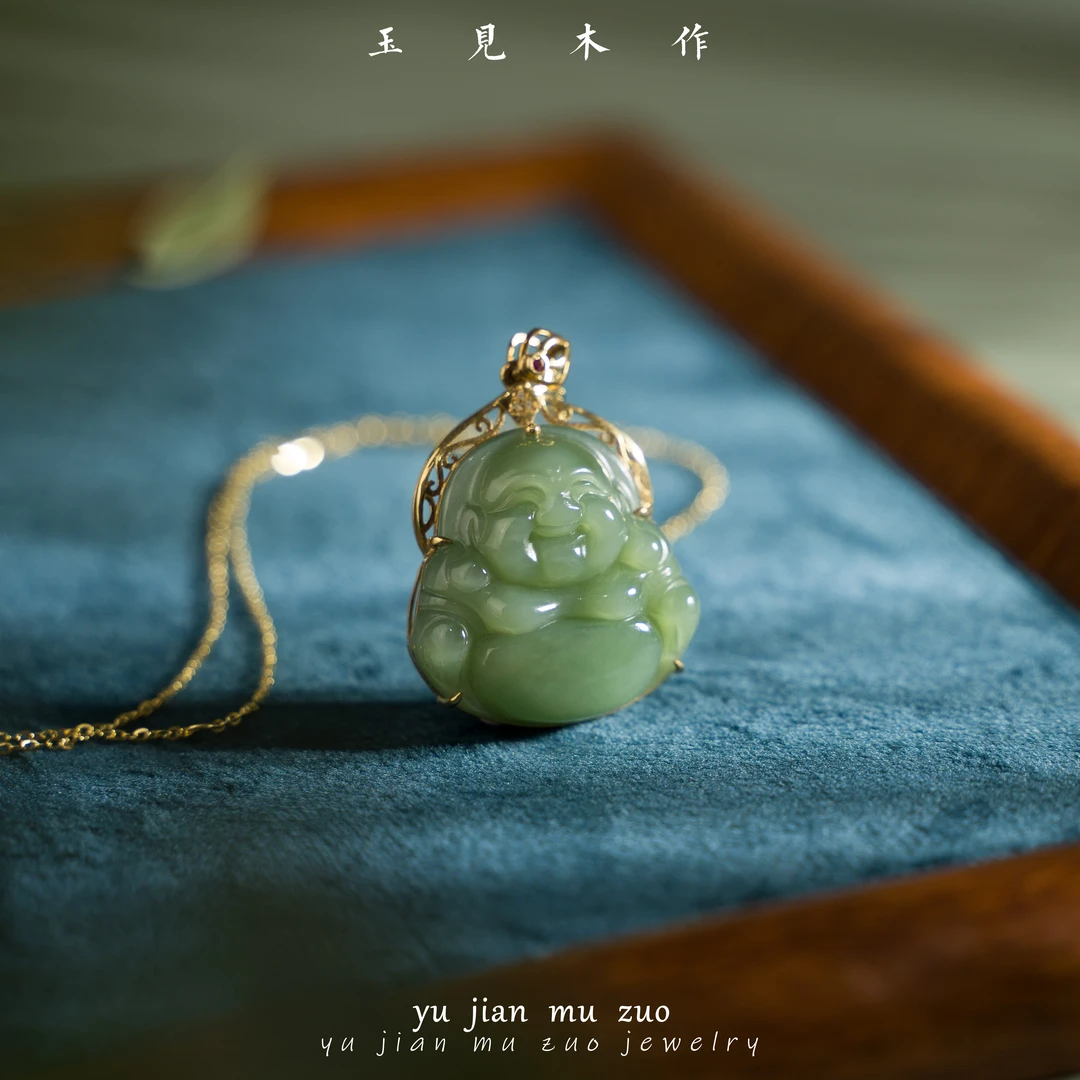 玉見木作手工气质和田碧玉猫眼佛公 简约轻奢项坠