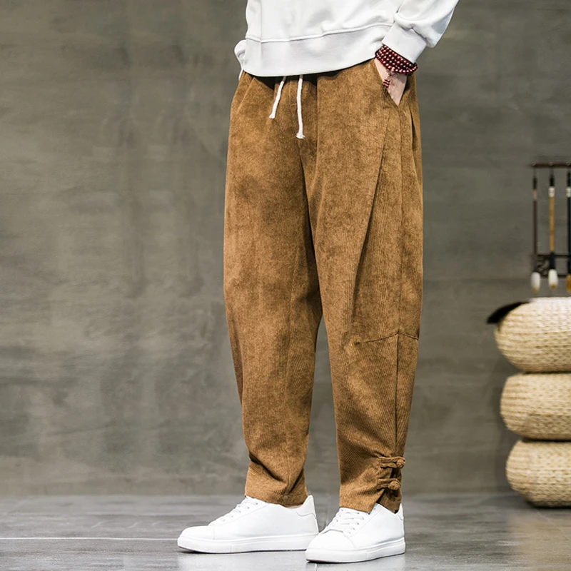 中国风盘扣裤子男士春秋季加绒加厚休闲宽松大码长裤灯芯绒直筒裤