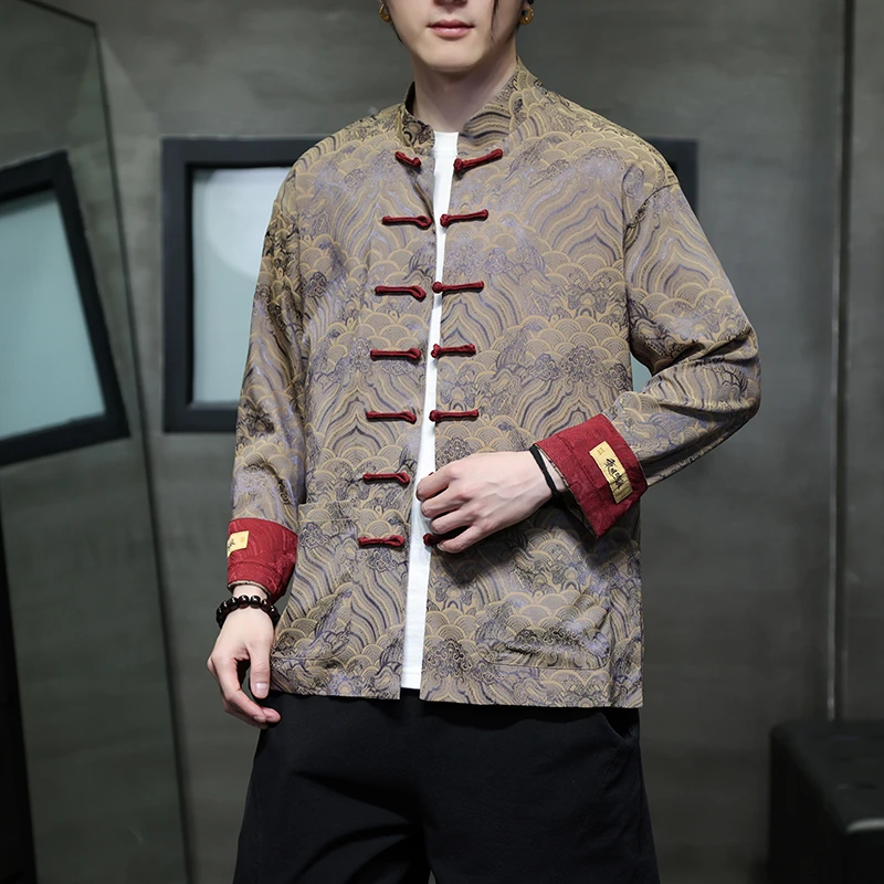 新中式水波纹绸缎暗纹提花盘扣唐装长袖中国风高品质立领汉服衬衫