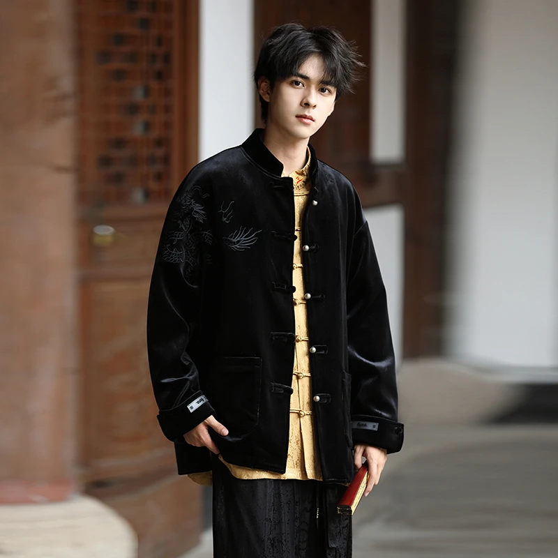 ＜黑龙王＞新中式男装休闲丝绒长袖外套唐装男款高端货秋季夹克上衣