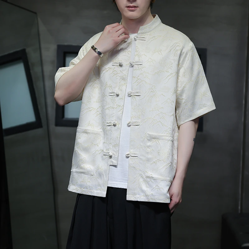 夏季大码五分袖盘扣短袖衬衫男中国风冰丝唐装新中式提花衬衣男装