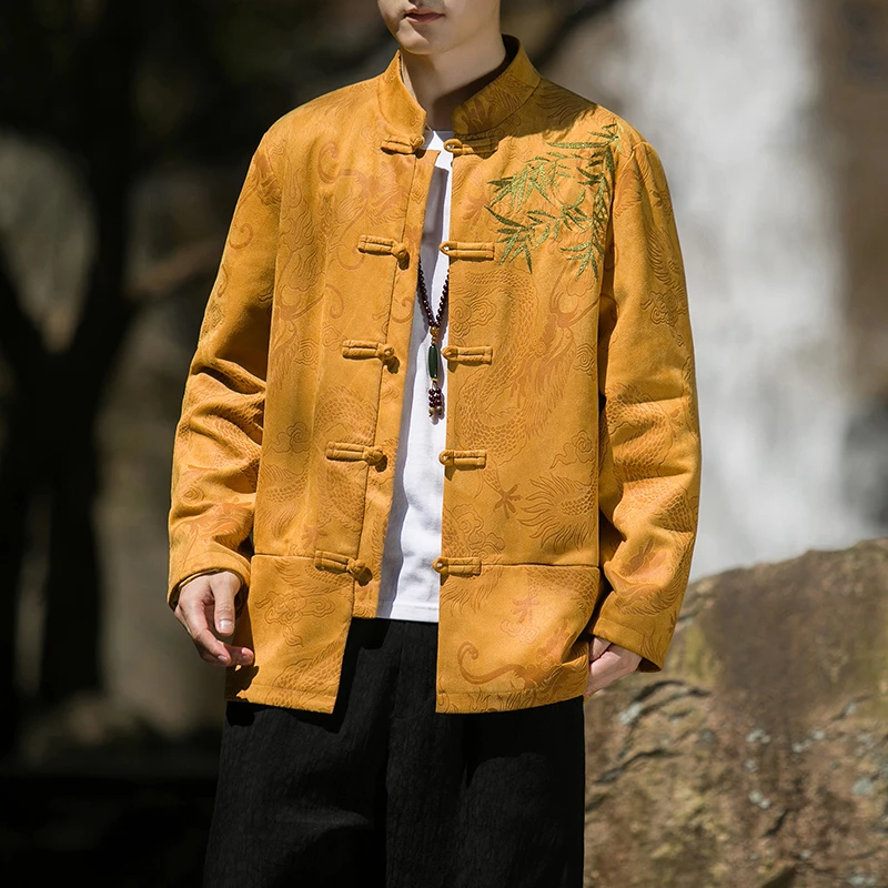 中国风男装鹿皮绒外套古风古装盘扣刺绣立领大码新中式唐装禅服男