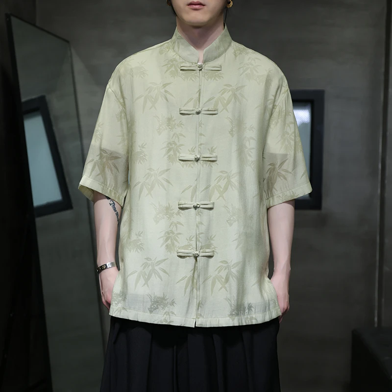 新中式男装休闲短袖衬衫夏季新款中国风盘扣立领唐装汉服半袖衬衣