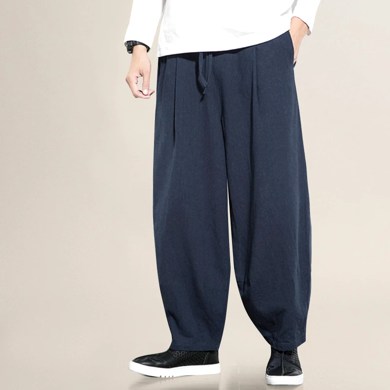秋新款中式棉麻灯笼裤男复古宽松阔腿裤休闲罗卜裤棉麻直筒道服裤