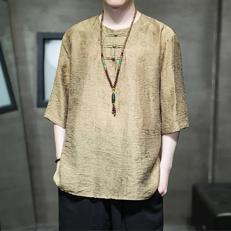 冰丝薄款短袖T恤男士夏季新款宽松大码半袖汉服中国风五分袖体恤