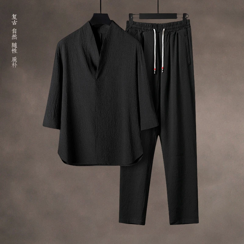 中国风男装夏季复古风冰丝T恤短袖男士套装上衣V领中式汉服七分袖