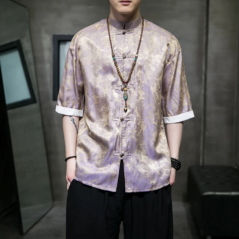 夏季新款冰丝唐装中国风薄款短袖衬衫男宽松汉服中式五分袖衬衣服