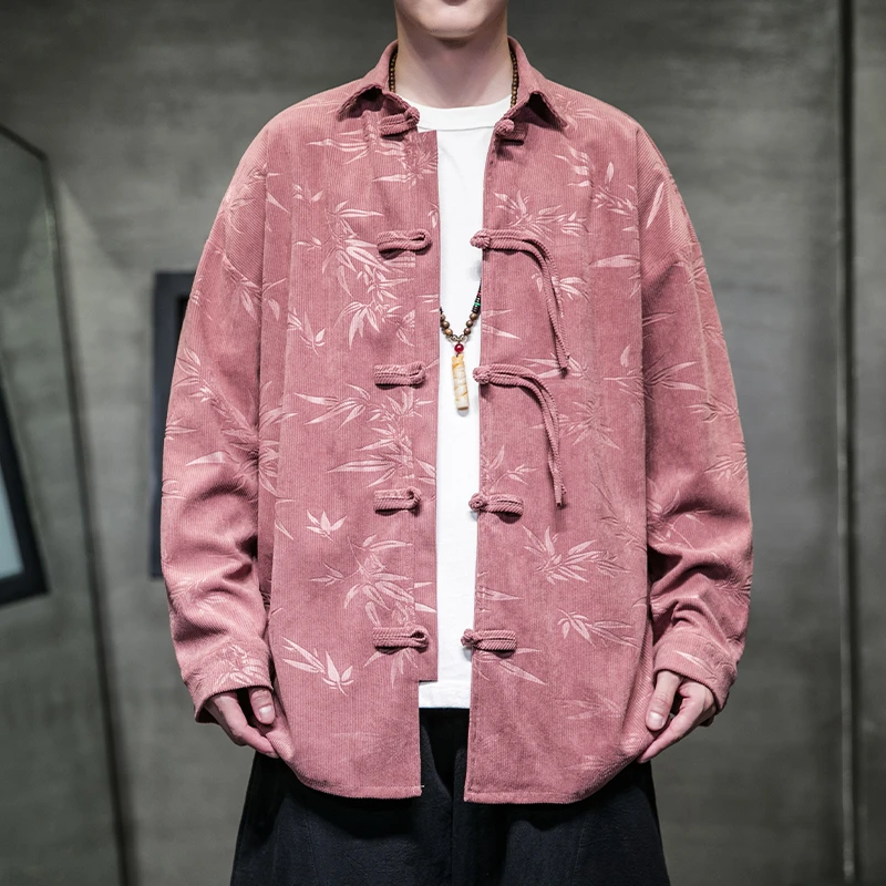 男士外套新中式中国风男装长袖衬衫2024新款春季印花灯芯绒衬衣男
