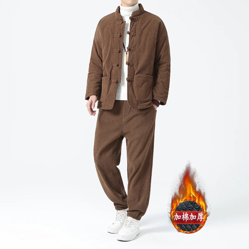 复古中式棉衣男立领唐装灯芯绒中国风棉服套装棉袄加厚一套冬袄子