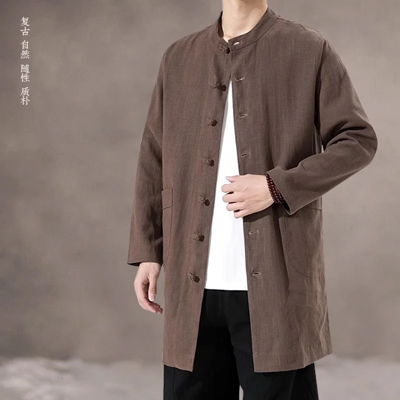 秋款新款男装棉麻外套男中国风亚麻中长版上衣男中式复古大码唐装