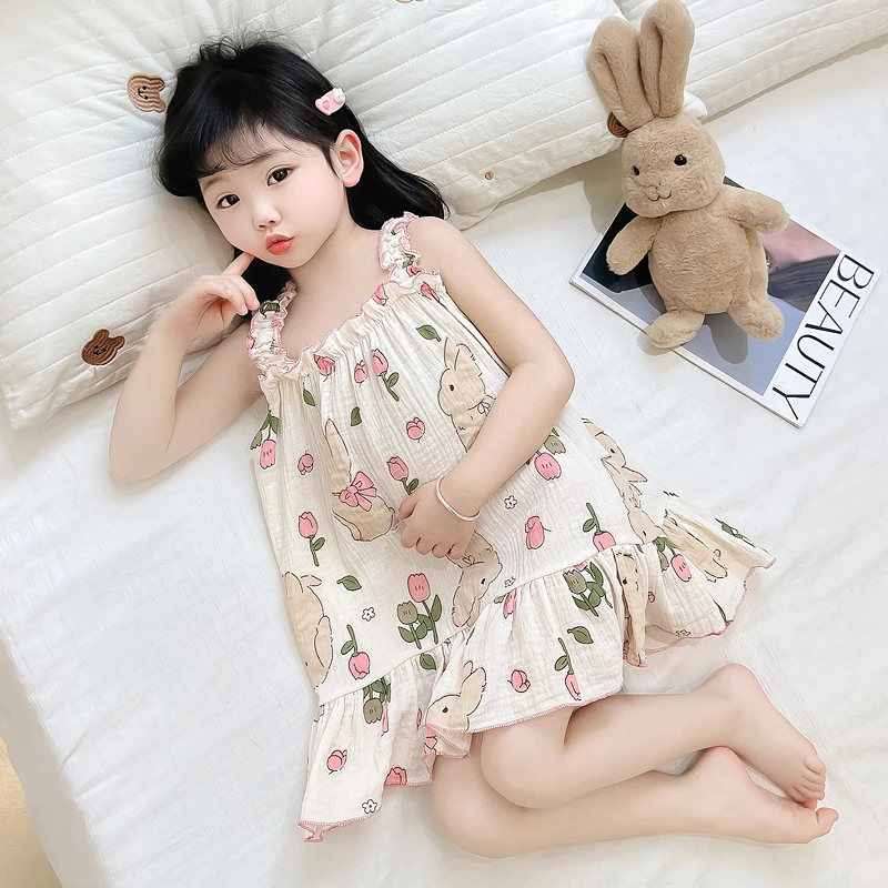 女童睡衣2024夏季新款儿童家居服纯棉女宝宝夏款薄款吊带睡裙无袖