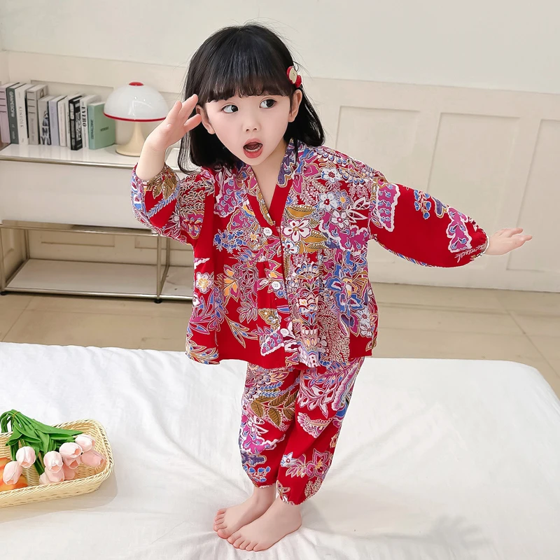 女童睡衣纯棉套装儿童东北大花春秋长袖开衫家居服小童夏季空调服