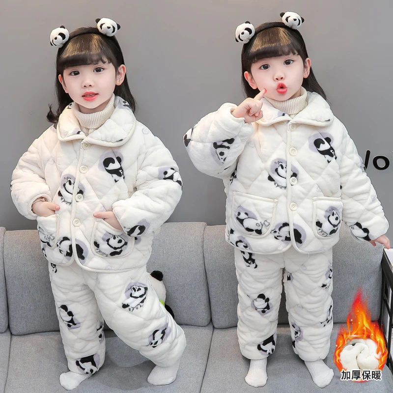 女童三层夹棉睡衣秋冬季珊瑚绒宝宝加绒加厚冬款儿童法兰绒家居服