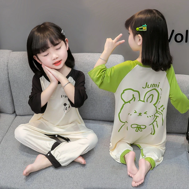 儿童款睡衣女童夏季薄款冰丝莫代尔家居服连体衣女宝宝爬服防着凉