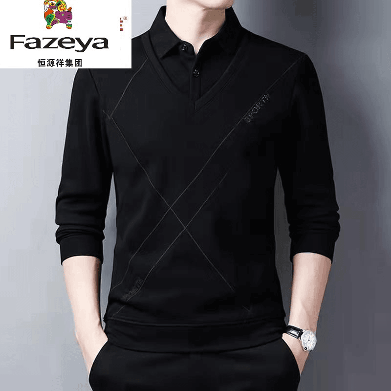 fazeya/彩羊 恒源祥集团假两件加绒毛衣男士保暖衬衫领长袖t恤中年爸爸打底针