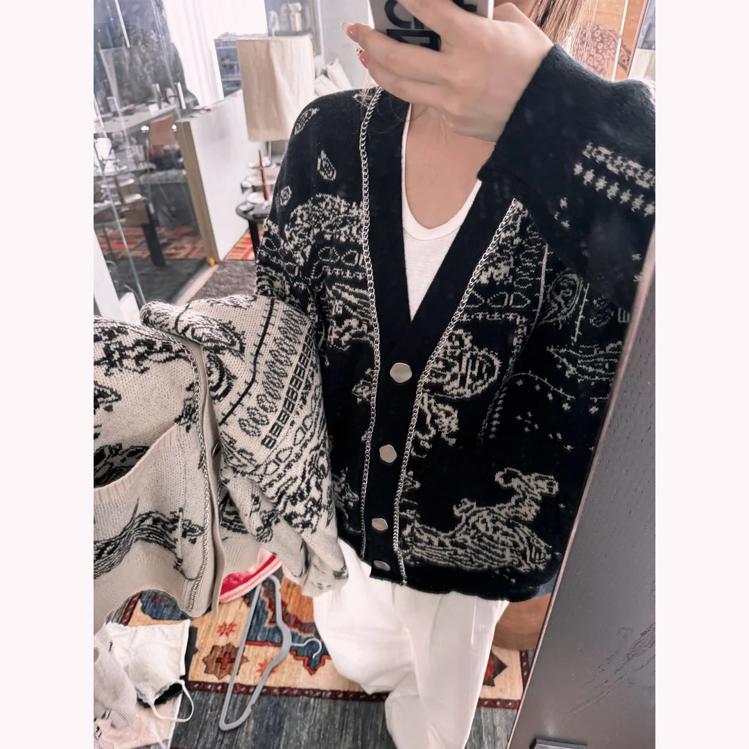 「双色图腾」秋季新款重工刺绣气质开衫上衣女针织衫YQD00042