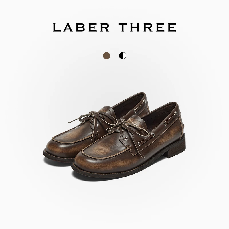 LABER THREE懒人一脚蹬蝴蝶结系带复古做旧乐福鞋