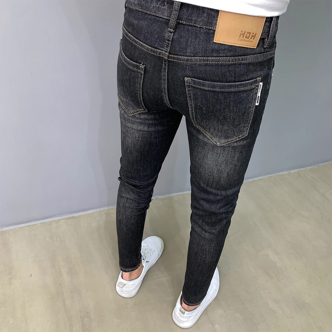 2024秋冬新款刺绣牛仔裤男百搭潮牌韩版弹力水洗黑色修身小脚裤