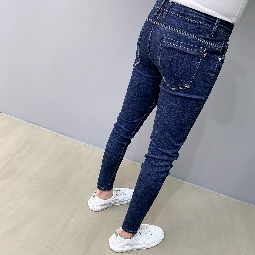 深蓝色九分牛仔裤男2025新款潮流百搭修身弹力显瘦韩版小脚长裤