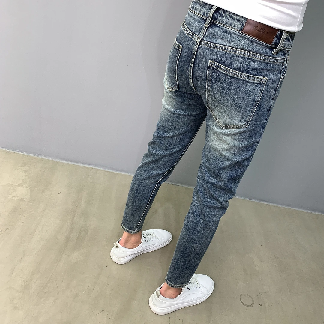 水洗做旧蓝色九分牛仔裤男2025春夏季百搭修身潮流修身韩版小脚裤