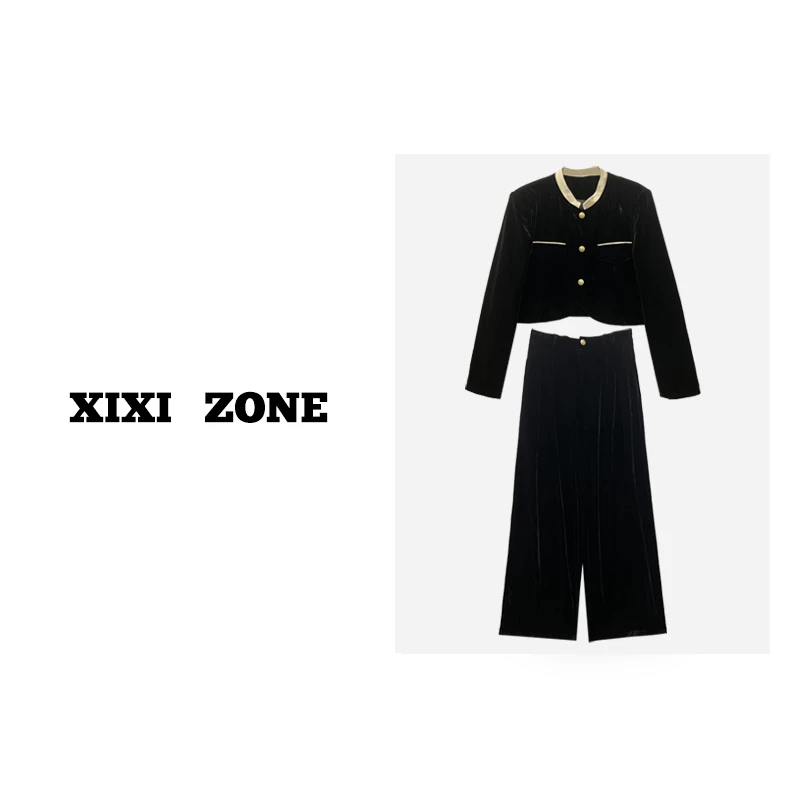 CiCi Studio 进口丝绒 小香风气质丝绒长袖套装直筒裤DYQQ-18233