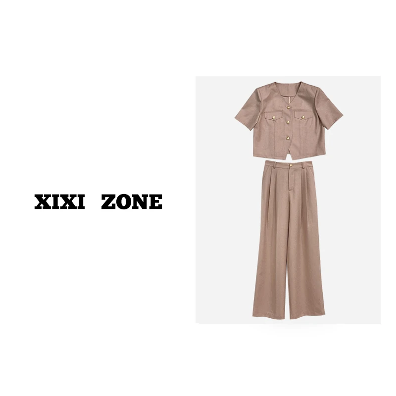 CiCi Studio 休闲法式宫廷风宽松短袖衬衫上衣长裤套装DYQQ-99888